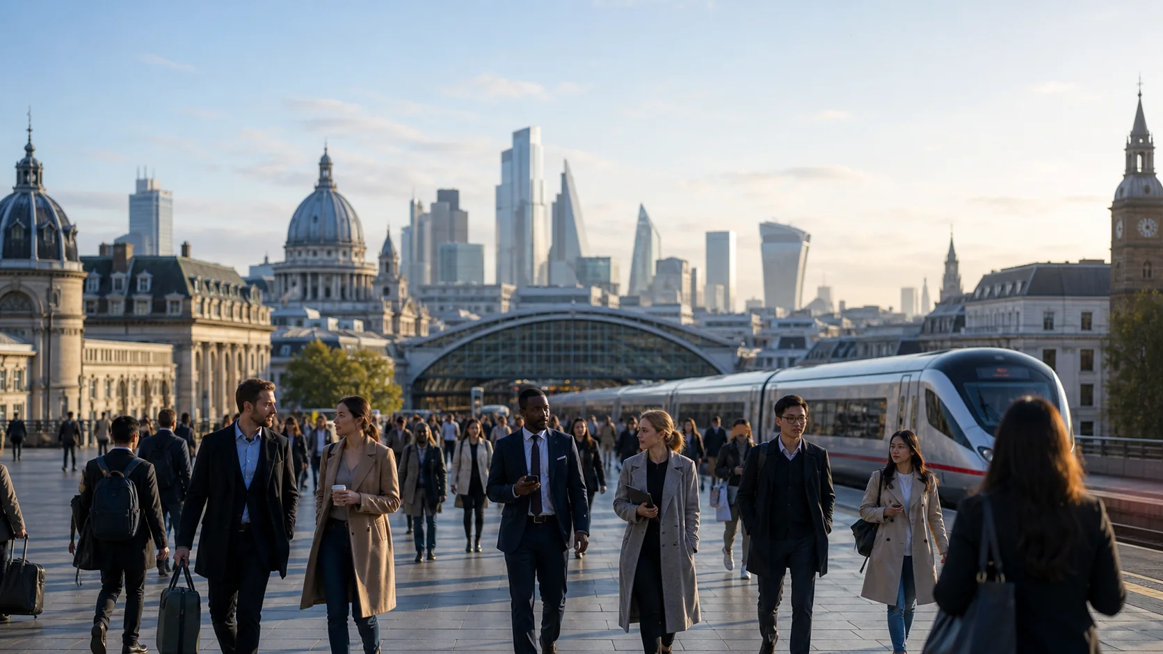 People travelling and working in a modern European city