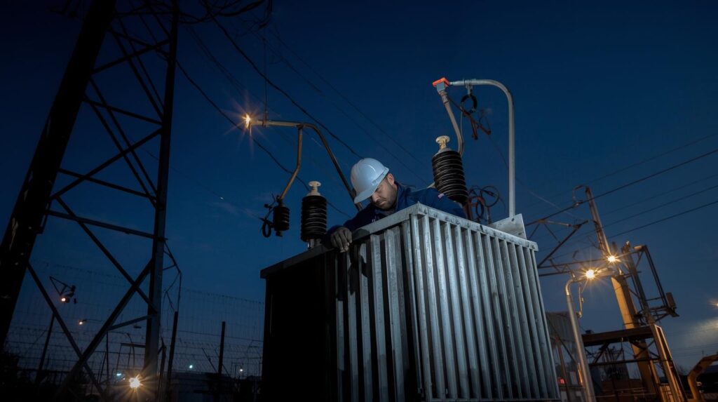 Ukrainian engineers repairing power grid at night Kyiv