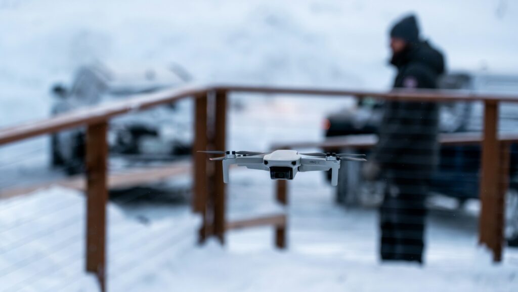 Drone flying over frozen oil platform Baltic Sea”