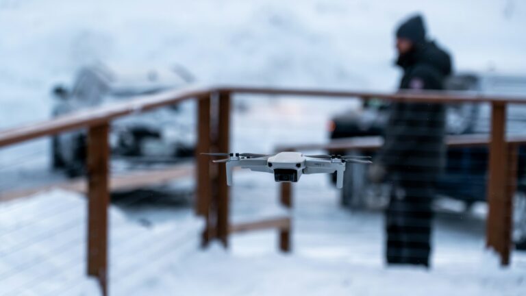 Drone flying over frozen oil platform Baltic Sea”